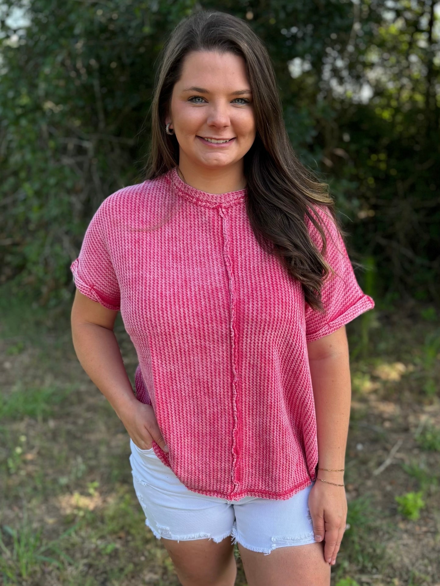 Magenta Waffle Sleeve Shirt Sleeve Top