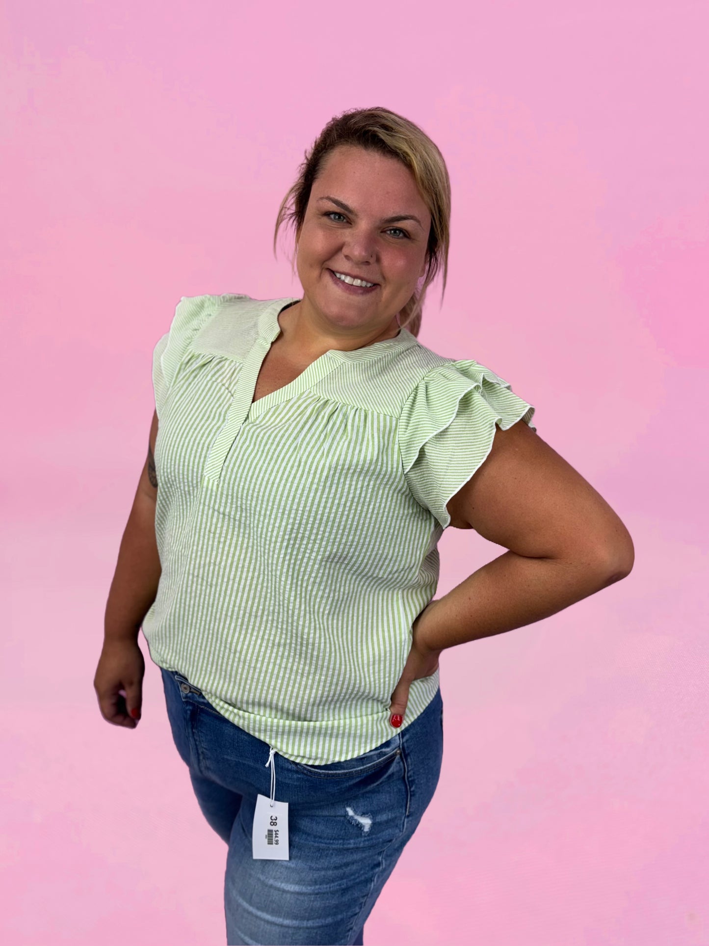 Curvy Light Green Striped Top