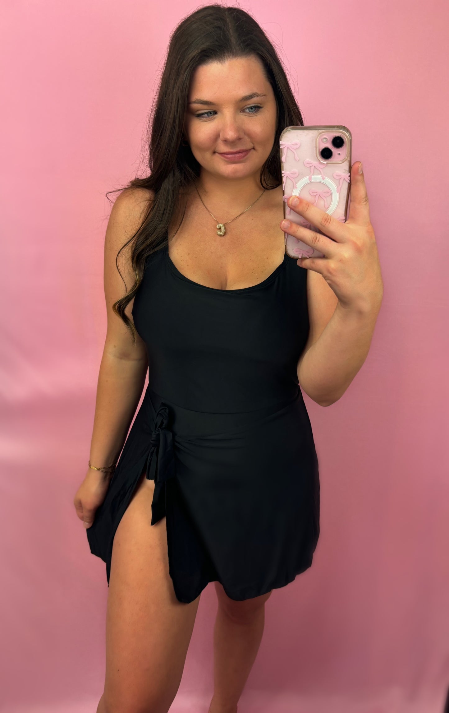 Black Side Tied Waist Adjustable Straps One Piece Swim Dress