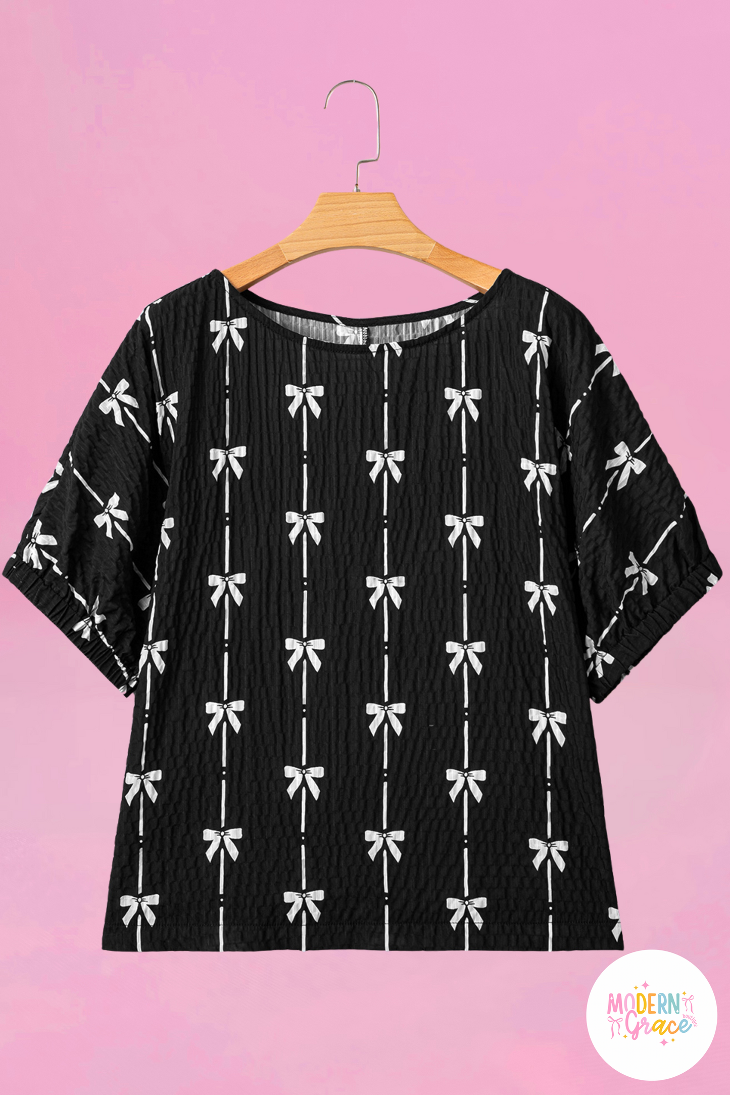 Black Bow Print Puff Short Sleeve Top