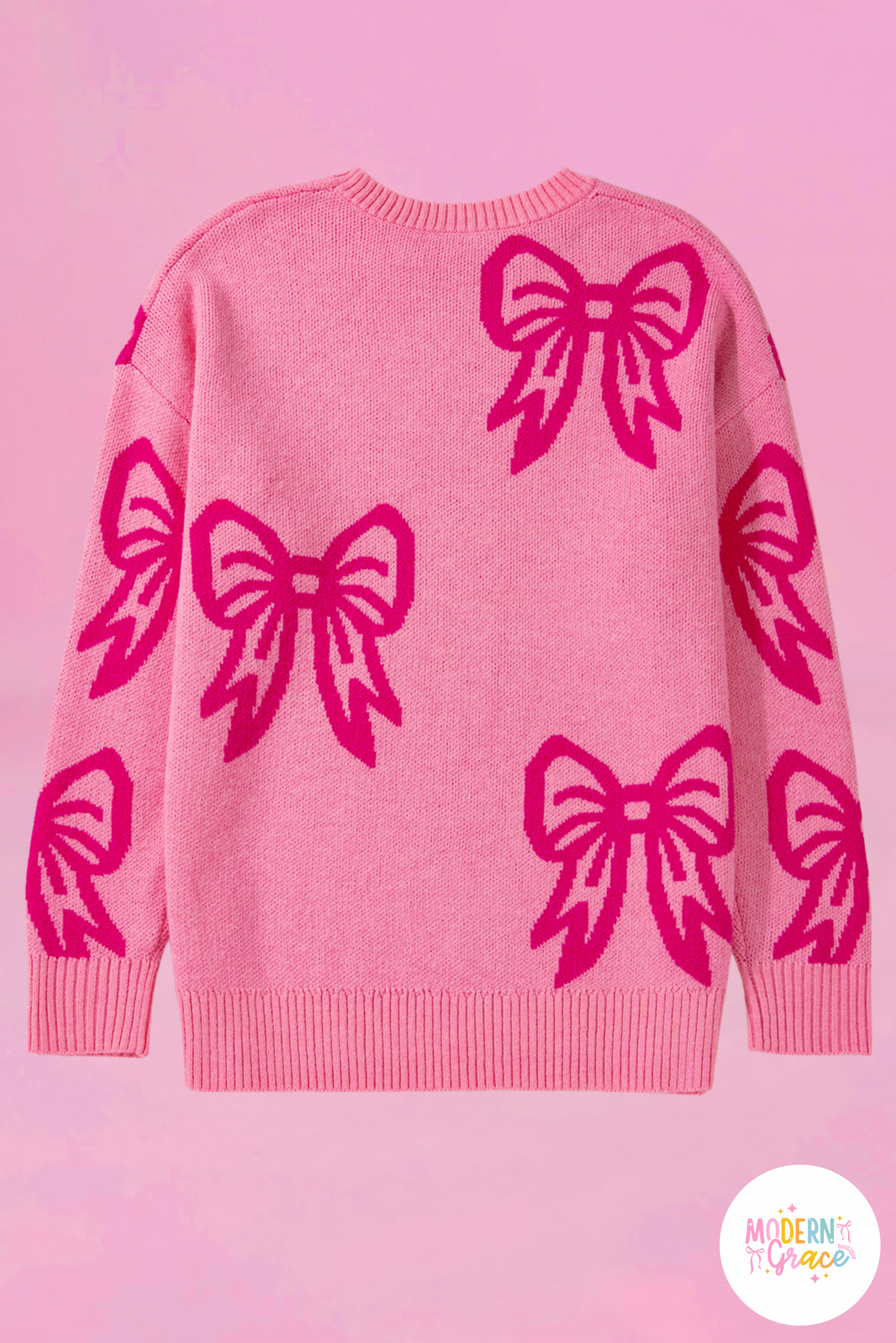 Pink Bow Pattern Drop Shoulder Loose Sweater