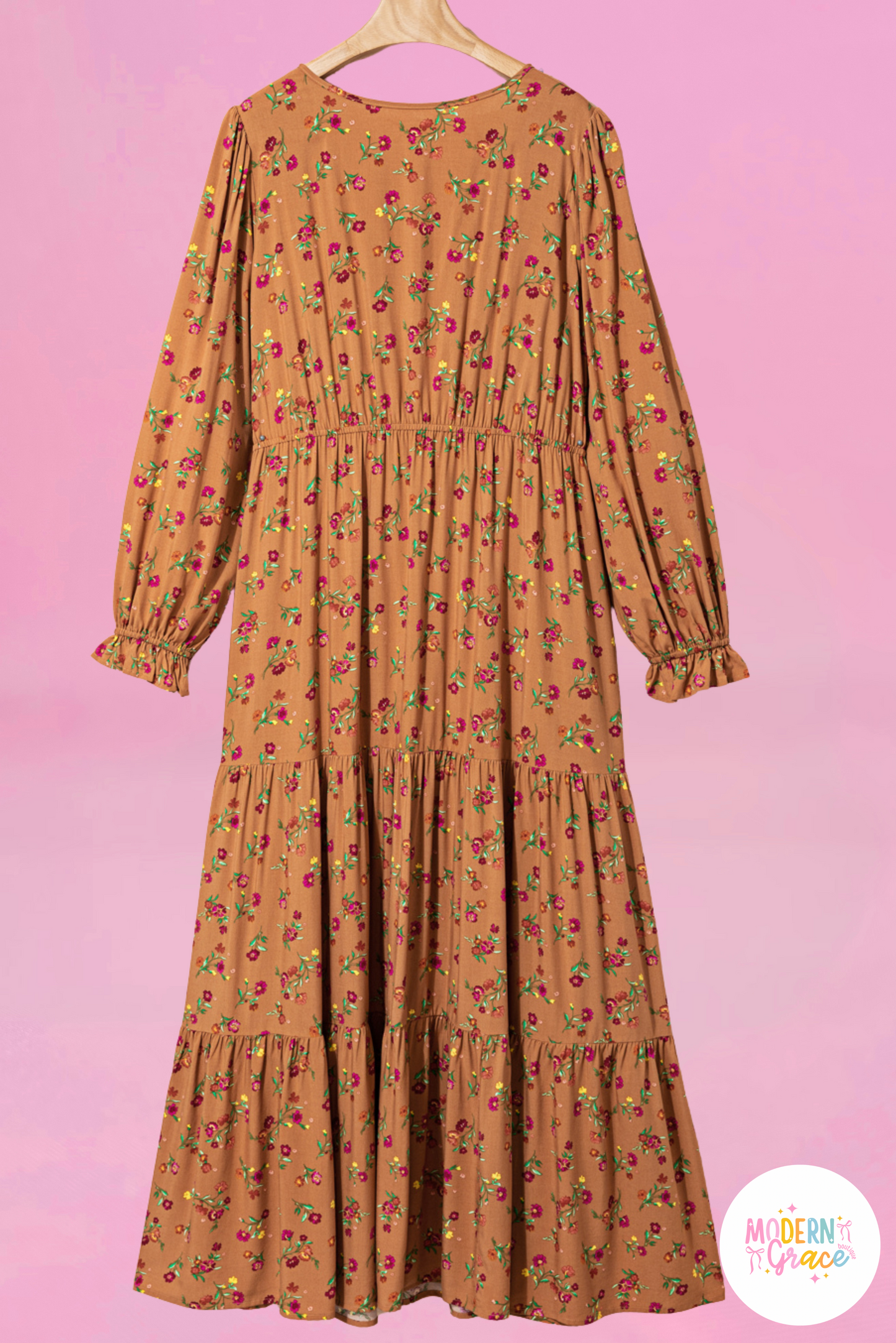 Curvy Brown Floral Split V Neck Ruffled Sleeve Tiered Maxi Dress