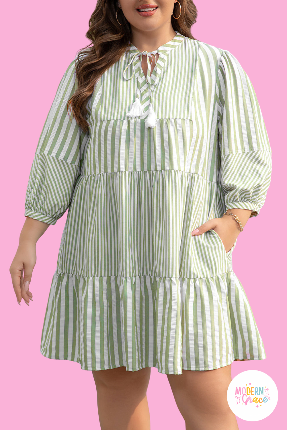 Green Stripe Bracelet Sleeve Tasseled Tied Neck Tiered Plus Size Mini Dress