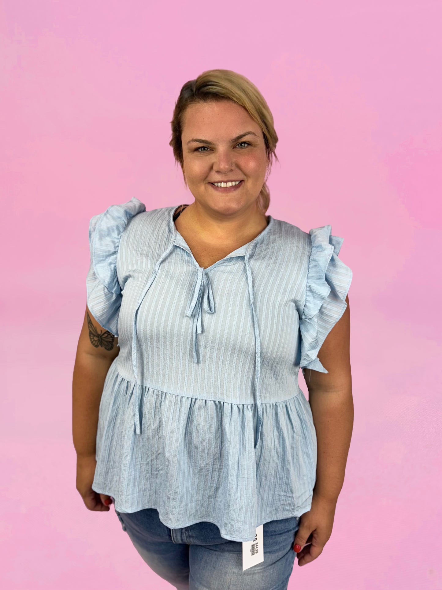 Blue flutter sleeve top by Modern Grace featuring a flattering curvy fit and soft fabric, perfect for casual or dressy occasions.