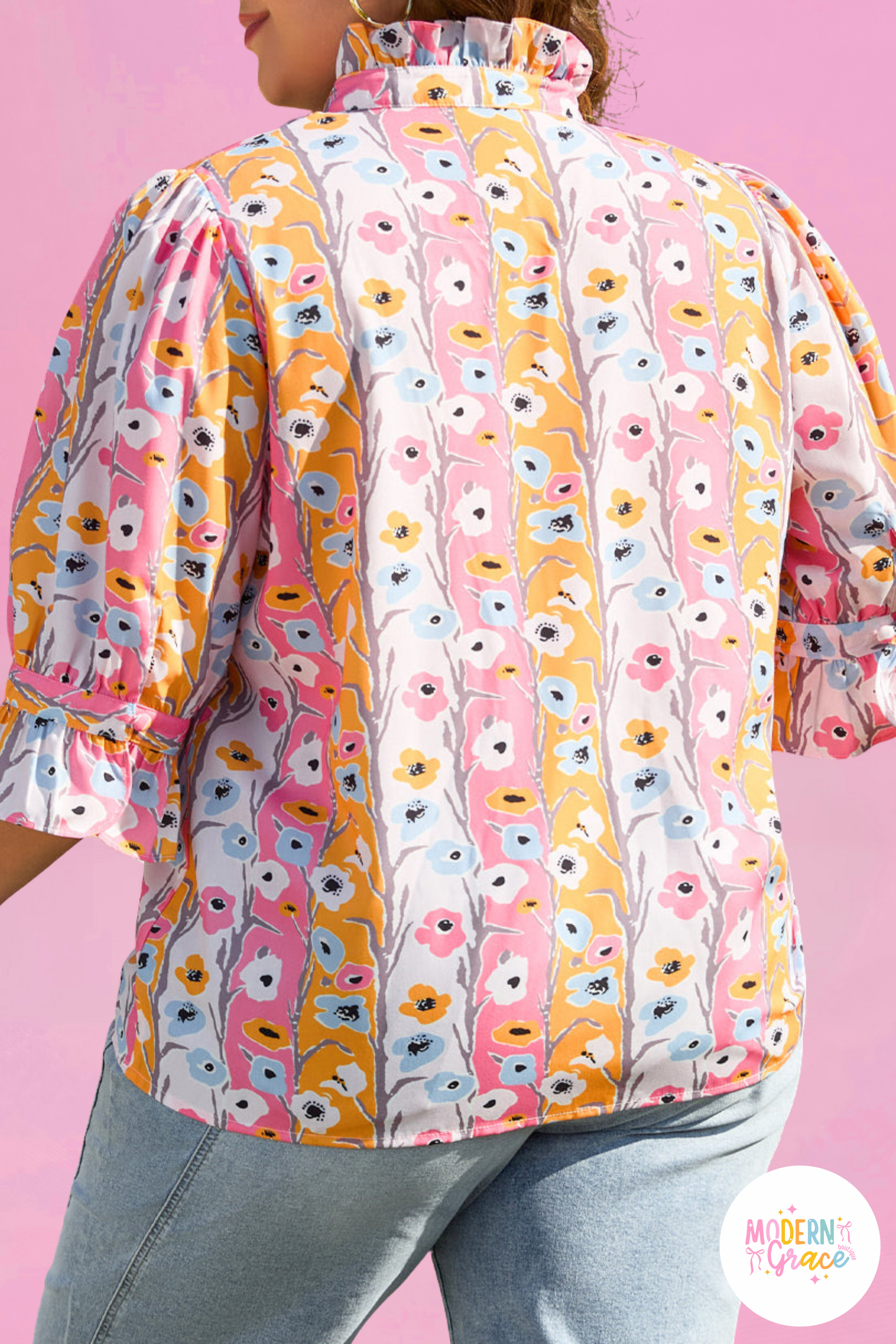 Pink Floral Ruffled Collar Bracelet Sleeve Plus Size Blouse Top (Warehouse Exclusives)