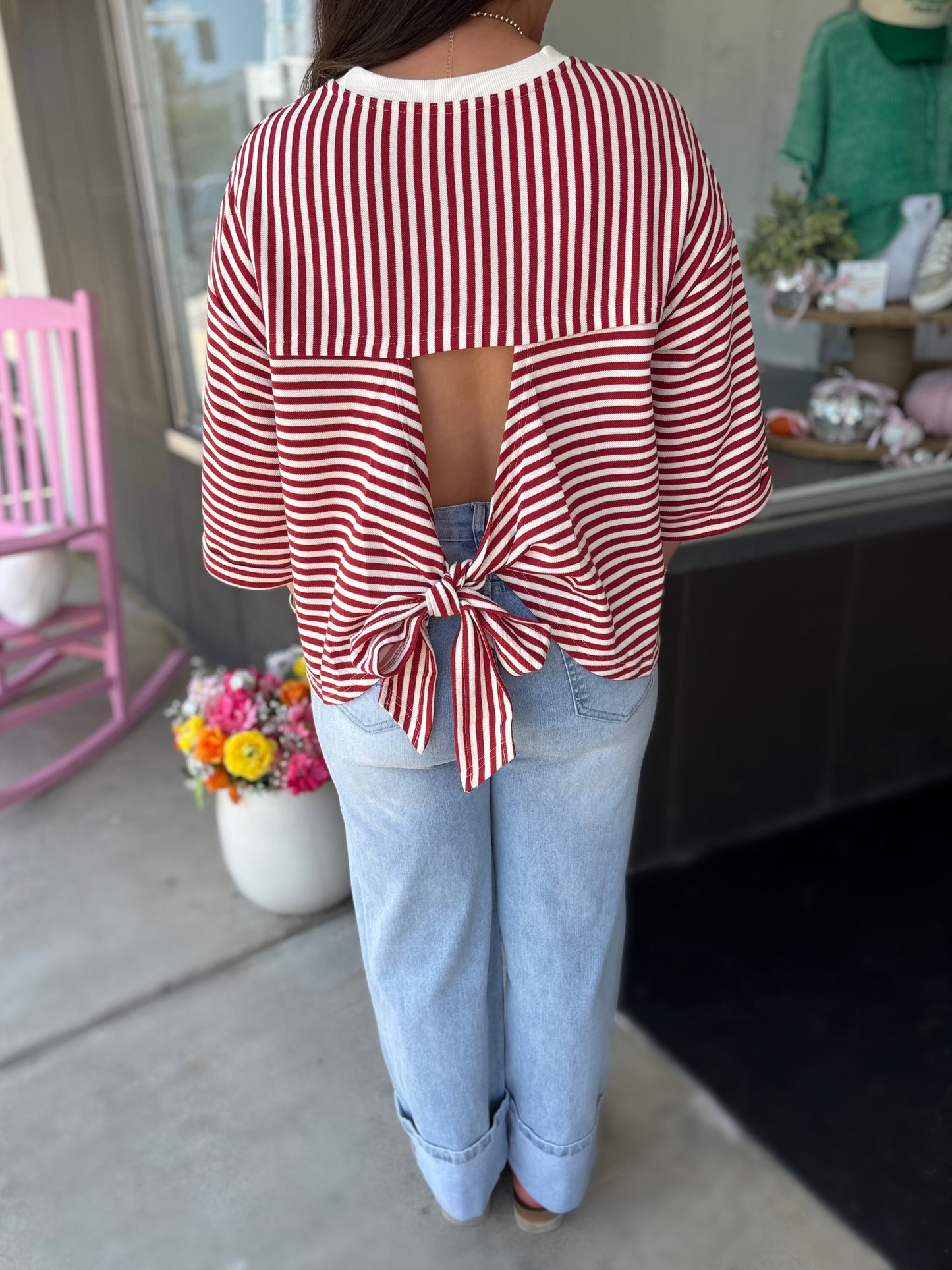 Red Stripe Bowknot Cutout Back Drop Shoulder Wide Bracelet Sleeve Loose Tee