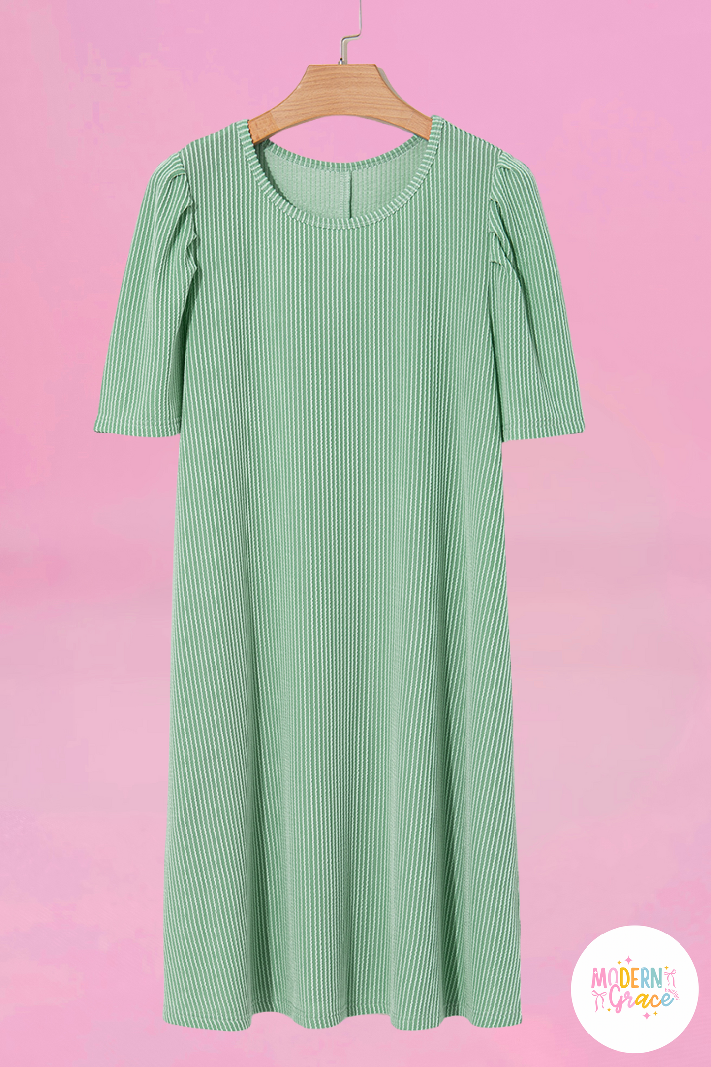 Green Corded Knit Crew Neck Puff Sleeve Shift Mini Dress