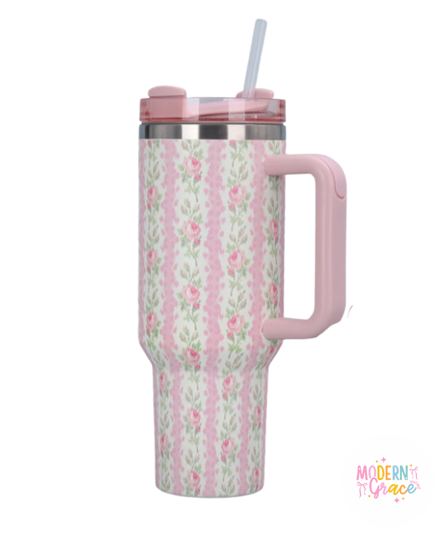 Pink Flower Print Large Insulated Tumbler with Handle 40oz