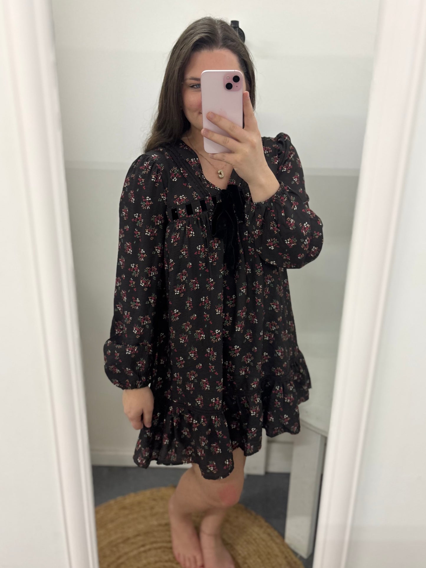 Black Floral Printed Front Bow Dress