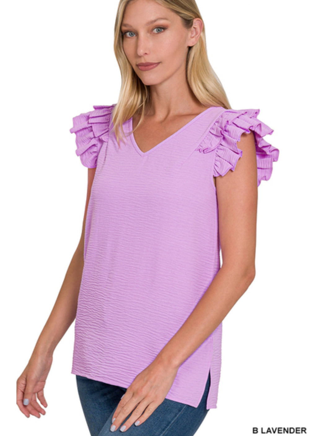 LAVENDER WOVEN AIRFLOW TIERED RUFFLE SLEEVE TOP