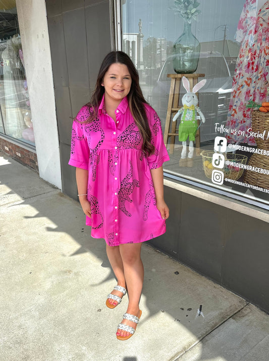 Pink Cheetah Print Bell Sleeve Shirt Dress