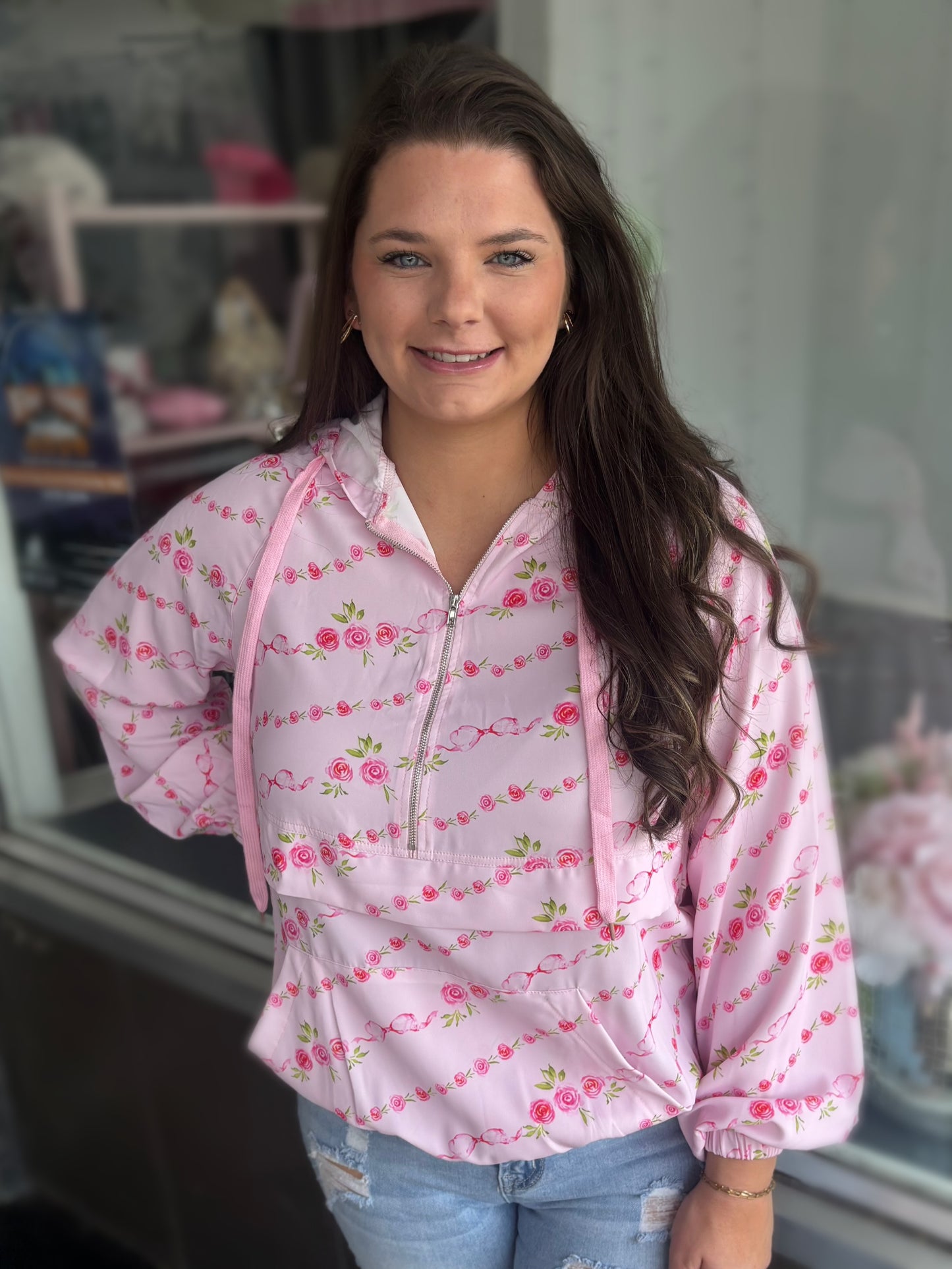 Pink Floral Print Half Zip Kangaroo Pouch Drawstring Hoodie