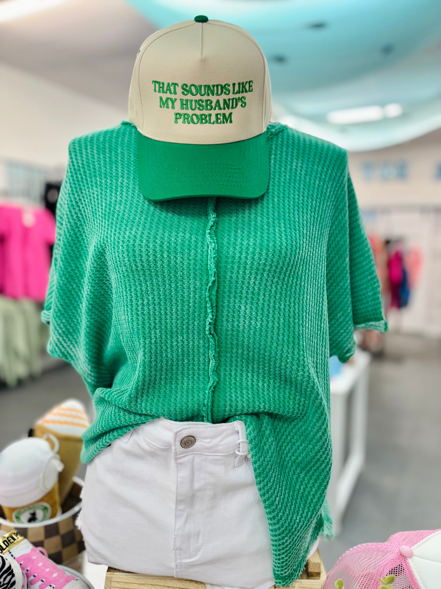 "That Sounds Like My Husband's Problem" Embroidered Two-Tone Trucker Hat