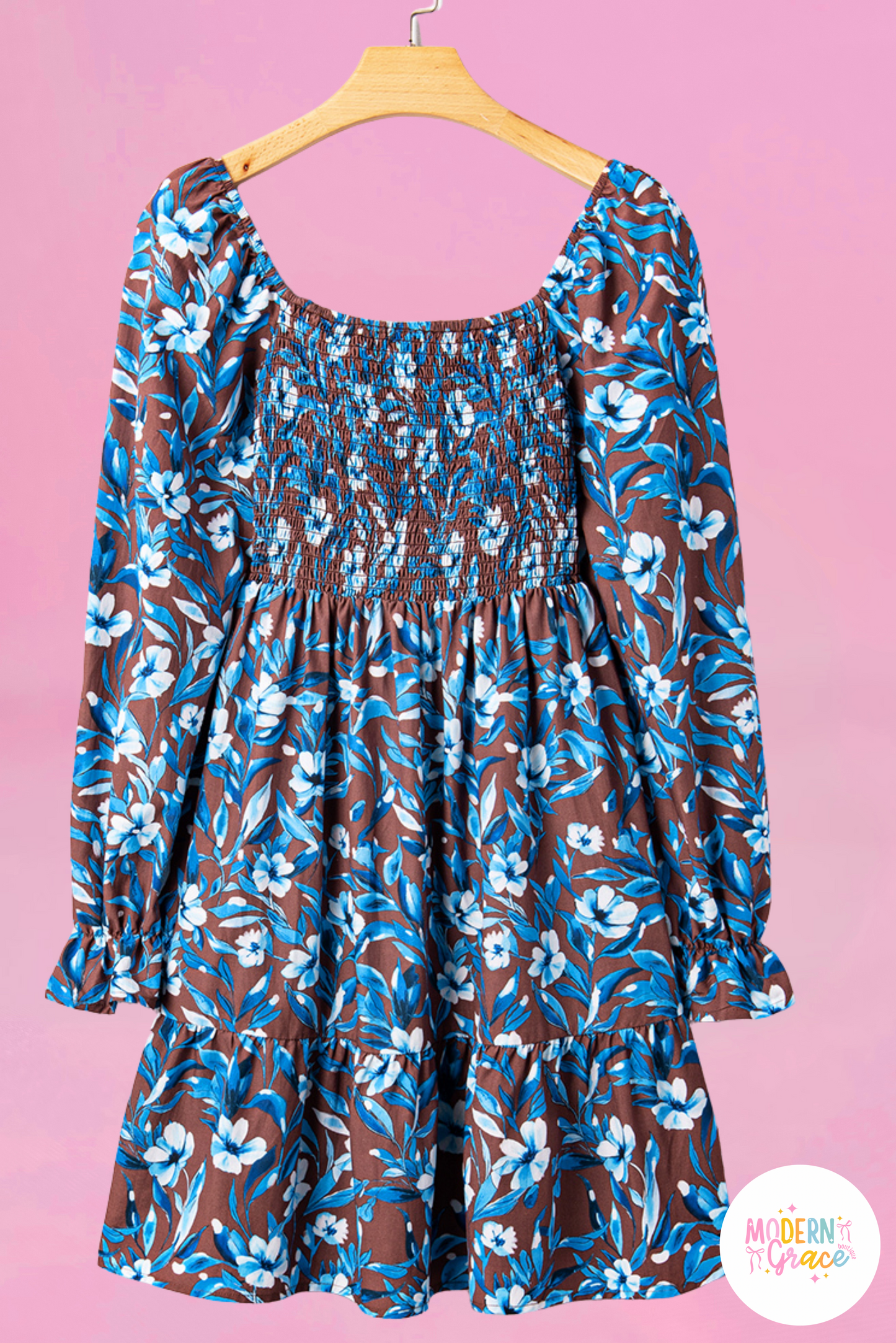 Blue Smocked Bodice High Waist Ruffled Sleeve Floral Dress