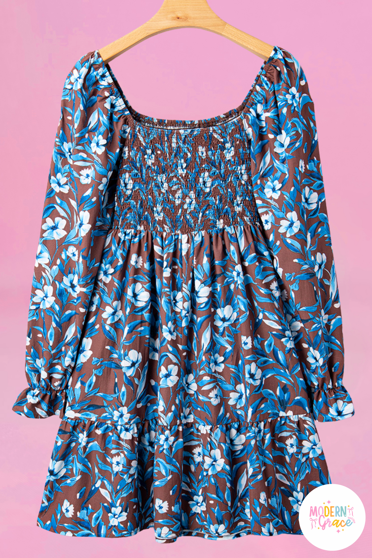 Blue Smocked Bodice High Waist Ruffled Sleeve Floral Dress