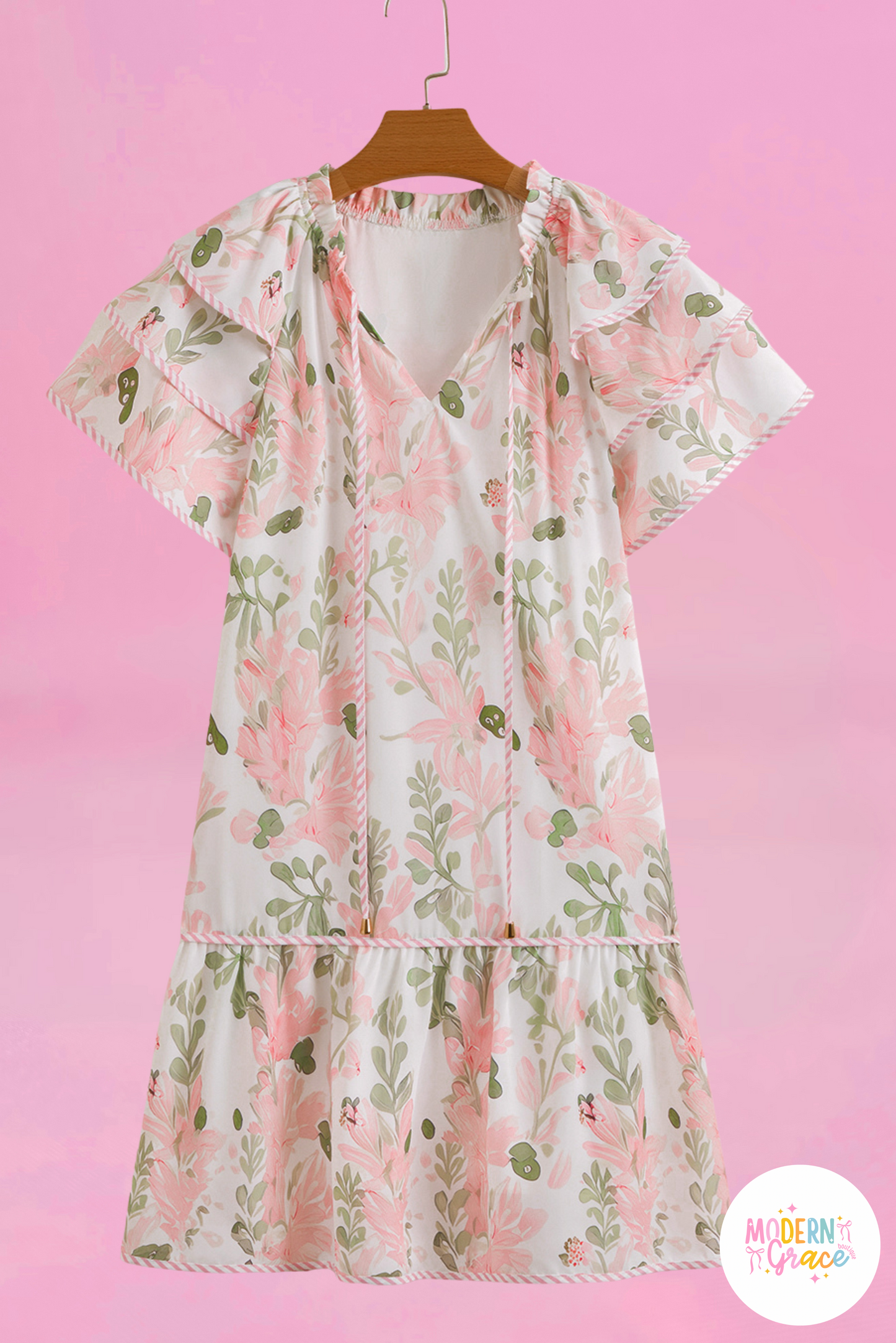 Pink Floral Contrast Edge Layered Short Sleeve Mini Dress