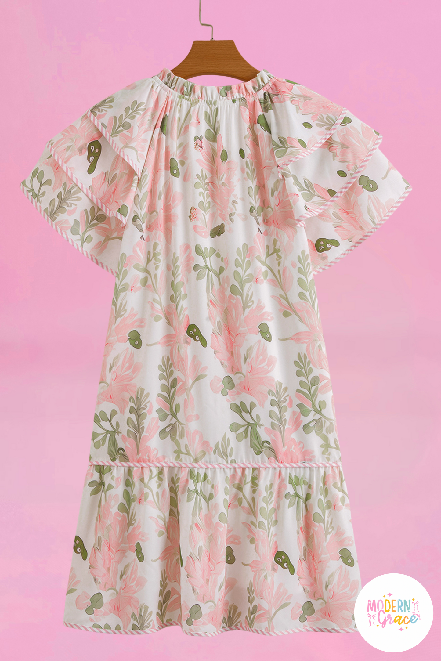 Pink Floral Contrast Edge Layered Short Sleeve Mini Dress