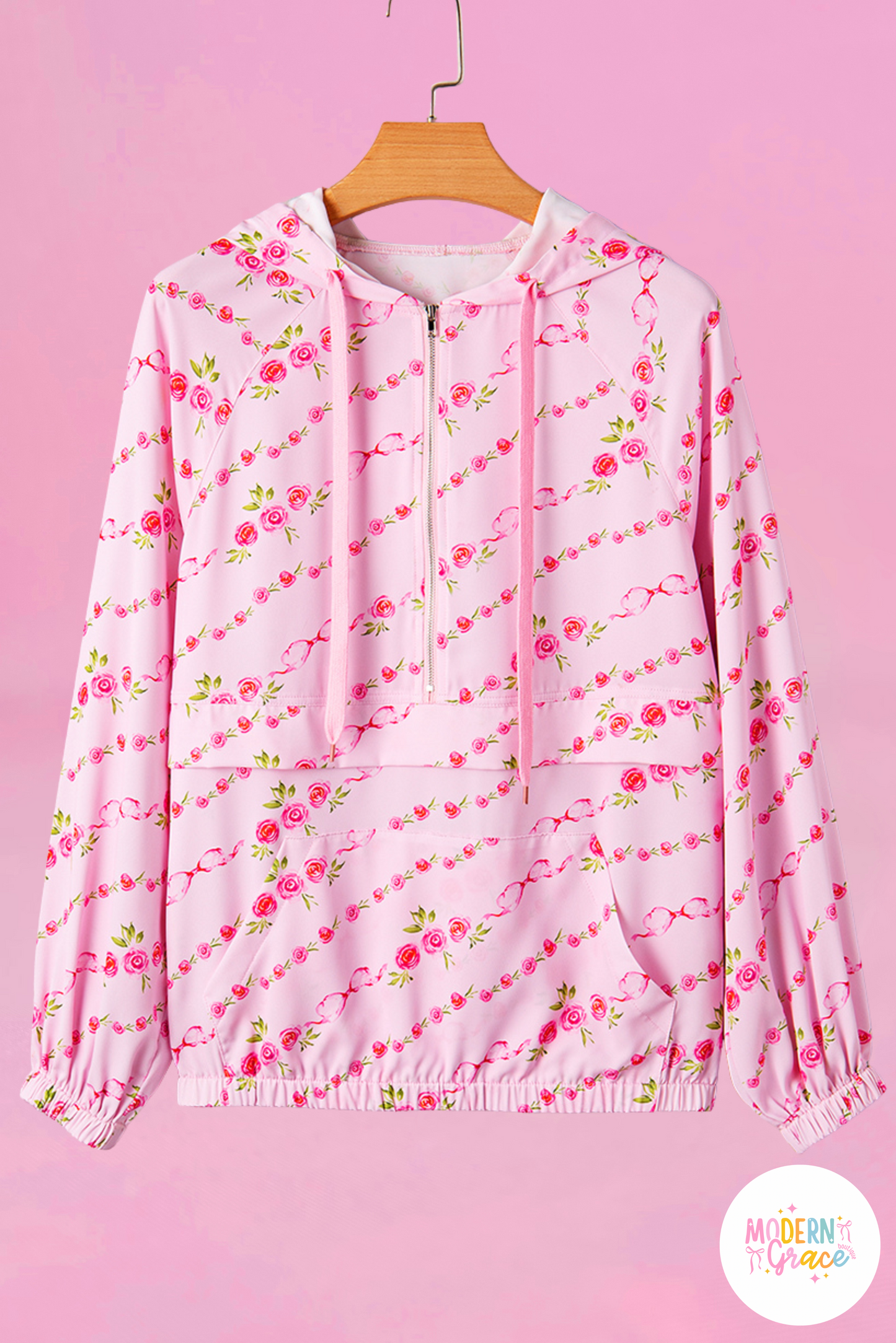 Pink Floral Print Half Zip Kangaroo Pouch Drawstring Hoodie