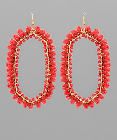 Red Raffia & Bead Trim Hexagon Earrings