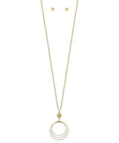 White/Gold Triple Wire Bead Glass Pendant Necklace Set w/ Gold Ball Stud Earrings