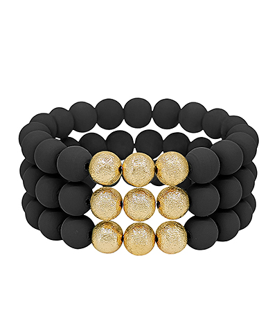 Black 3 Row Satin Ball Accent Clay Ball Bracelet
