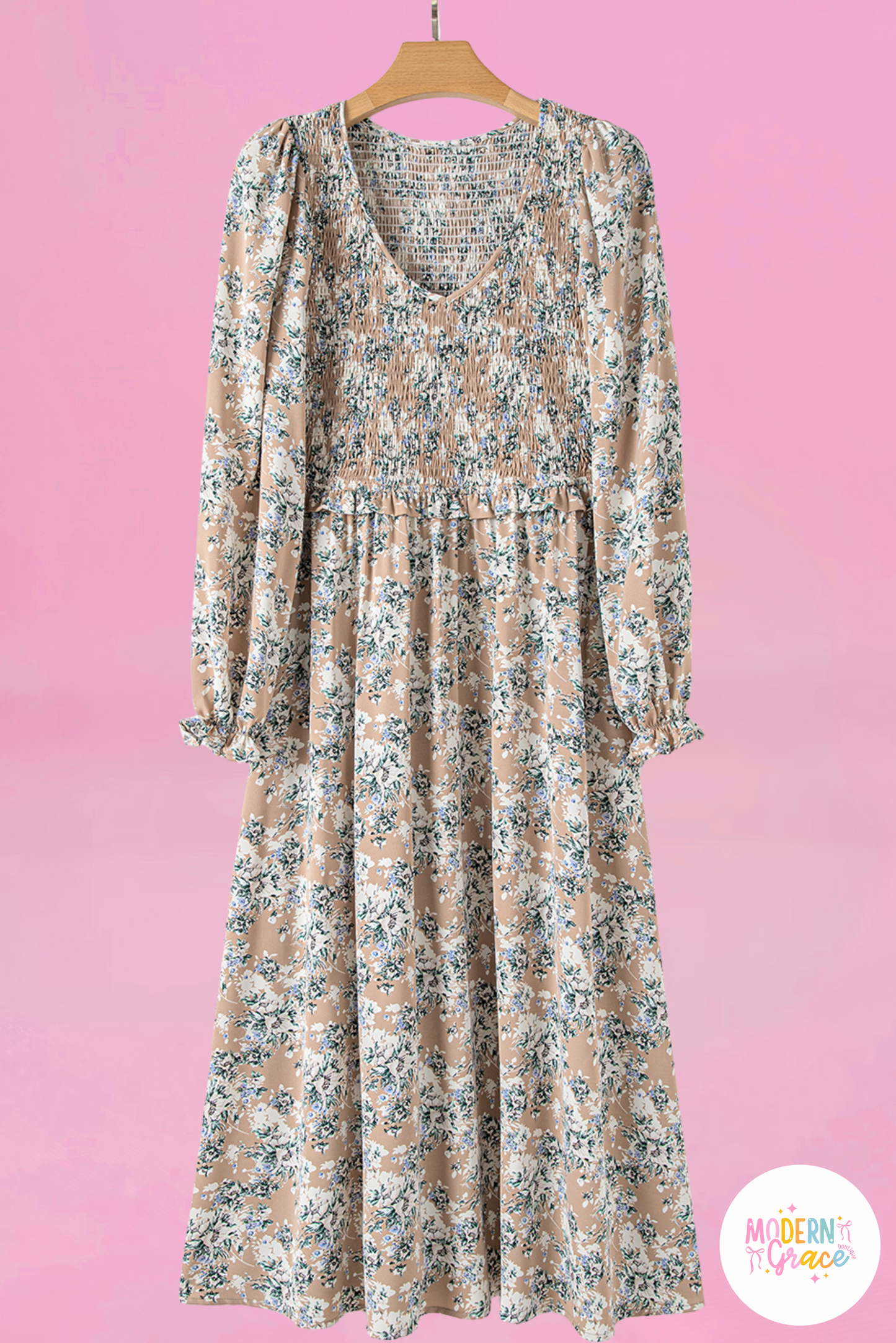 Khaki Maple Grove Floral Smocked Puff Sleeve Long Dress