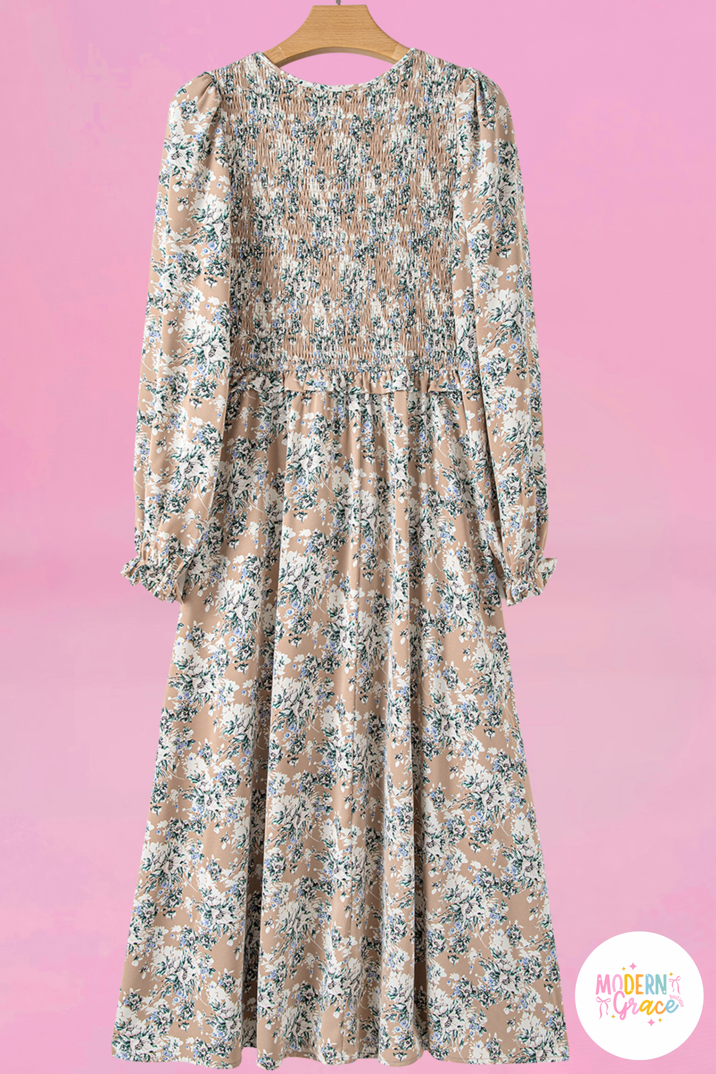 Khaki Maple Grove Floral Smocked Puff Sleeve Long Dress