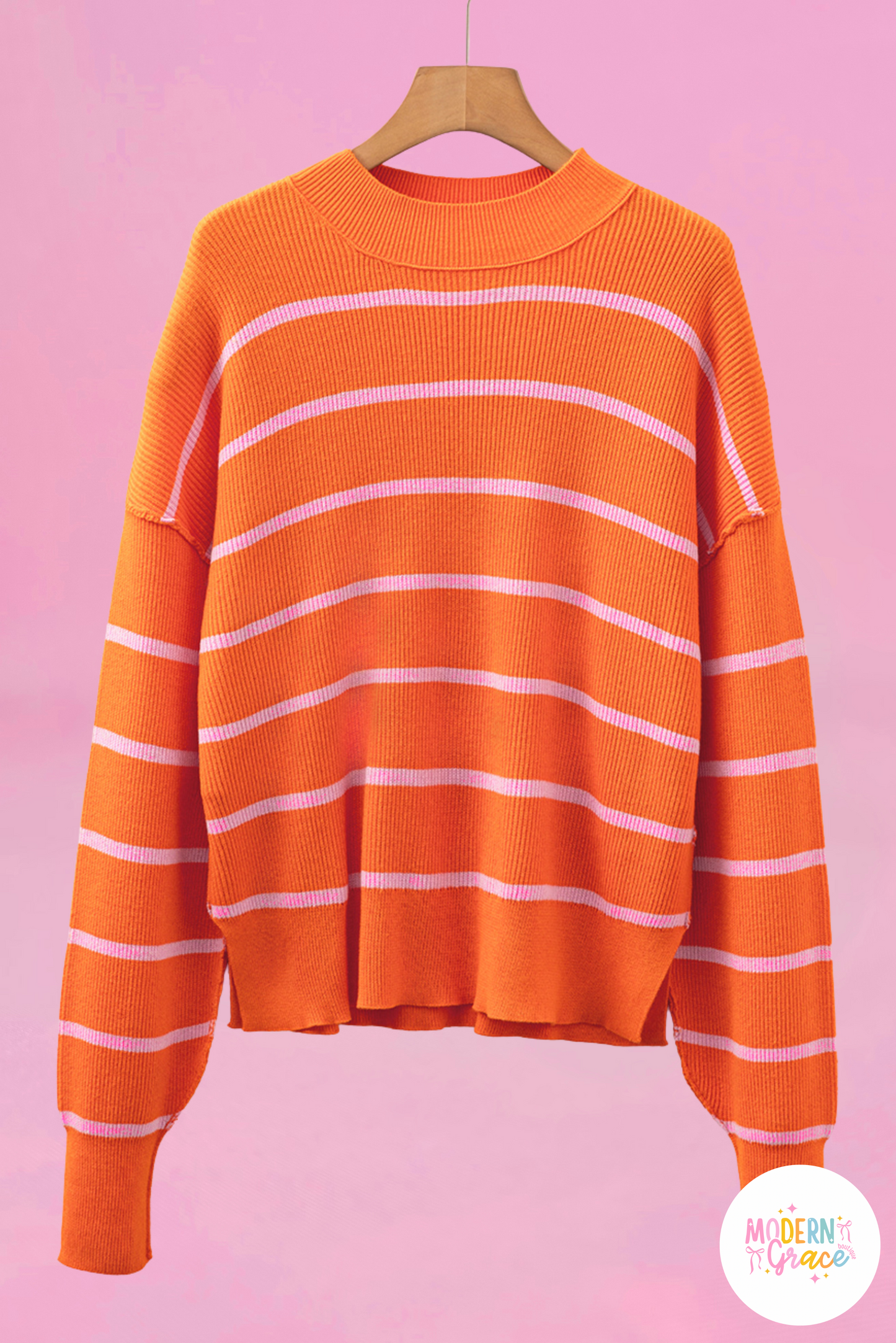 Orange Stripe Ribbed High Neck Drop Shoulder Sweater