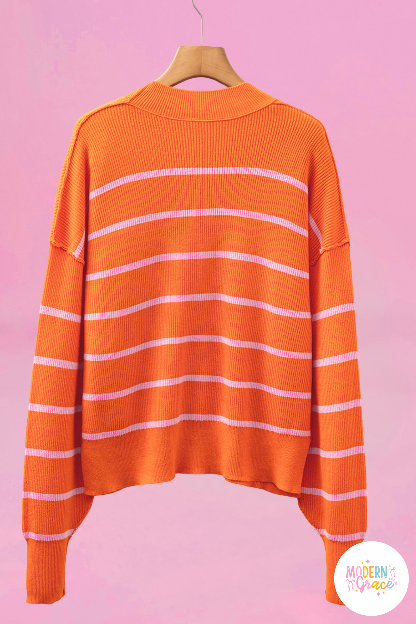 Orange Stripe Ribbed High Neck Drop Shoulder Sweater