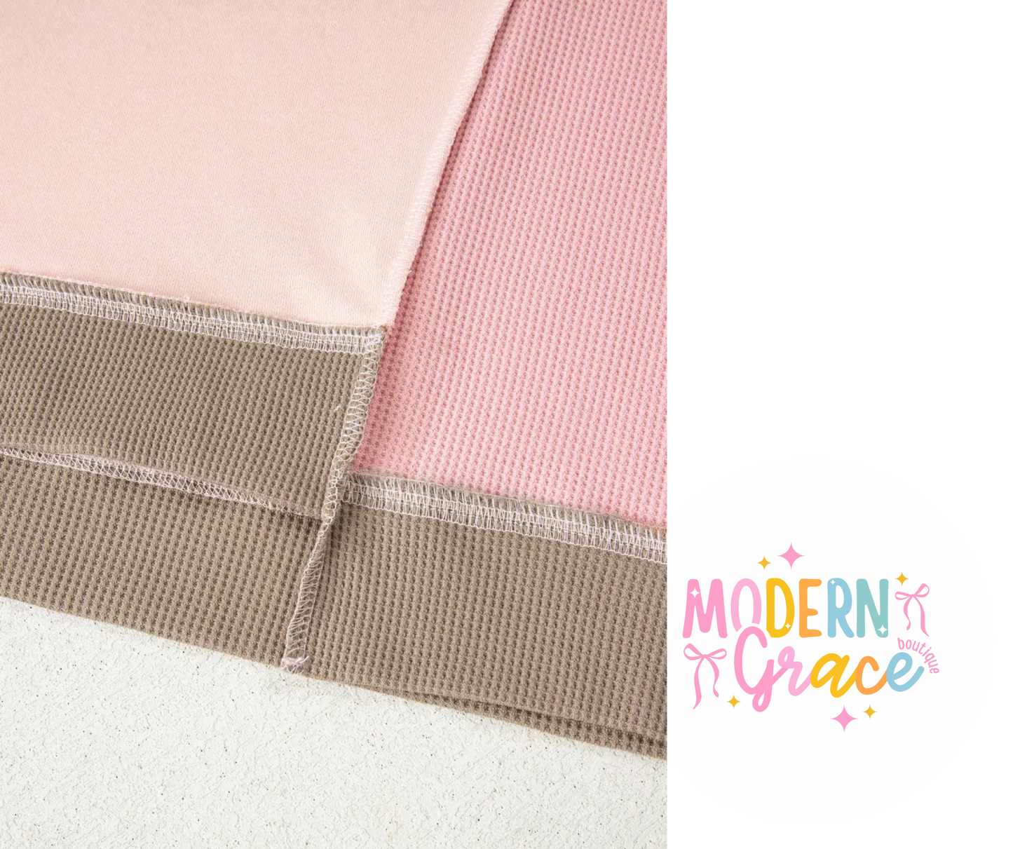 Curvy Light Pink Color Block Waffle Patchwork Exposed Sea Sweatshirt (Size up for baggy fit)