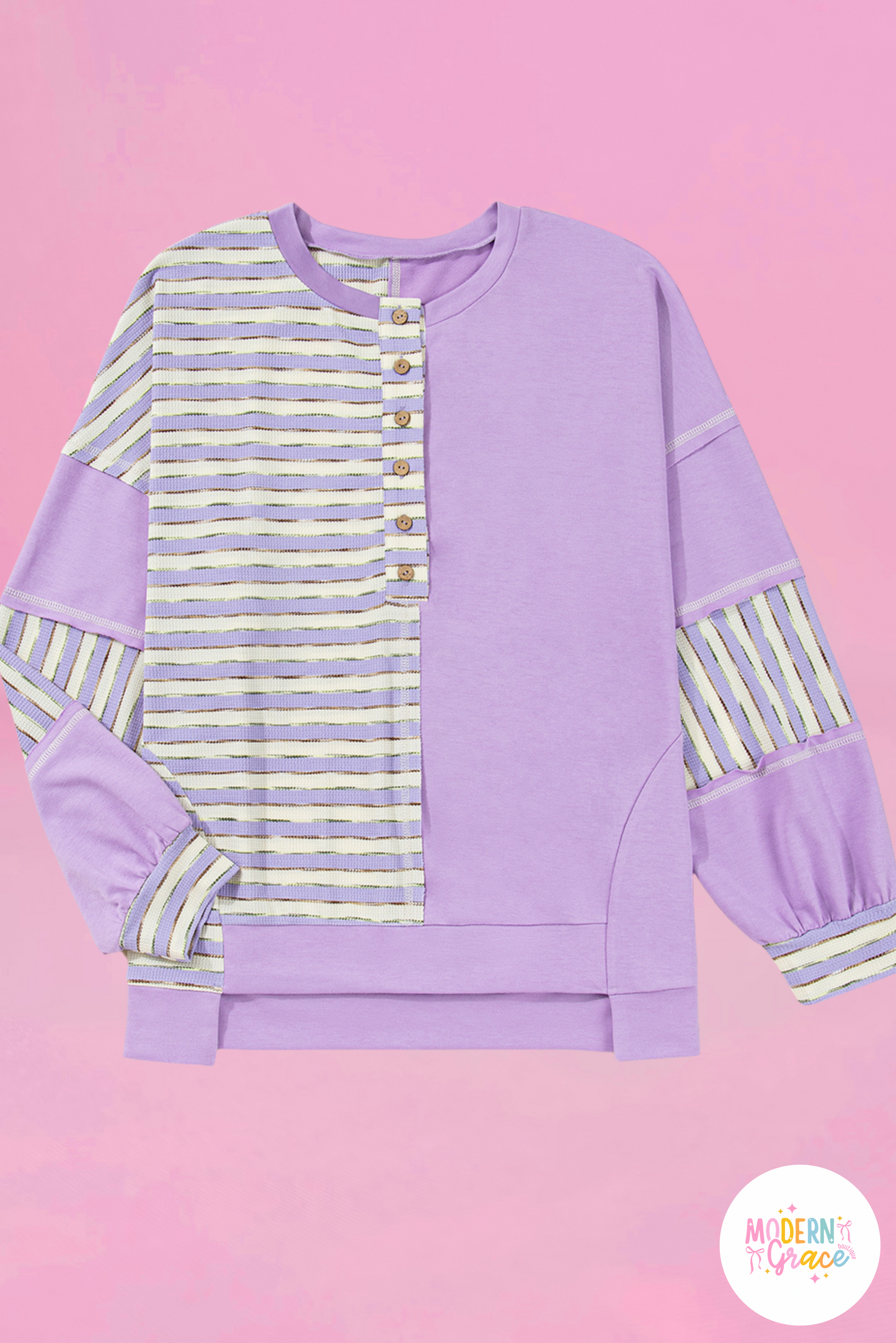 Curvy Purple Stripe Patchwork Buttoned Drop Shoulder Pullover