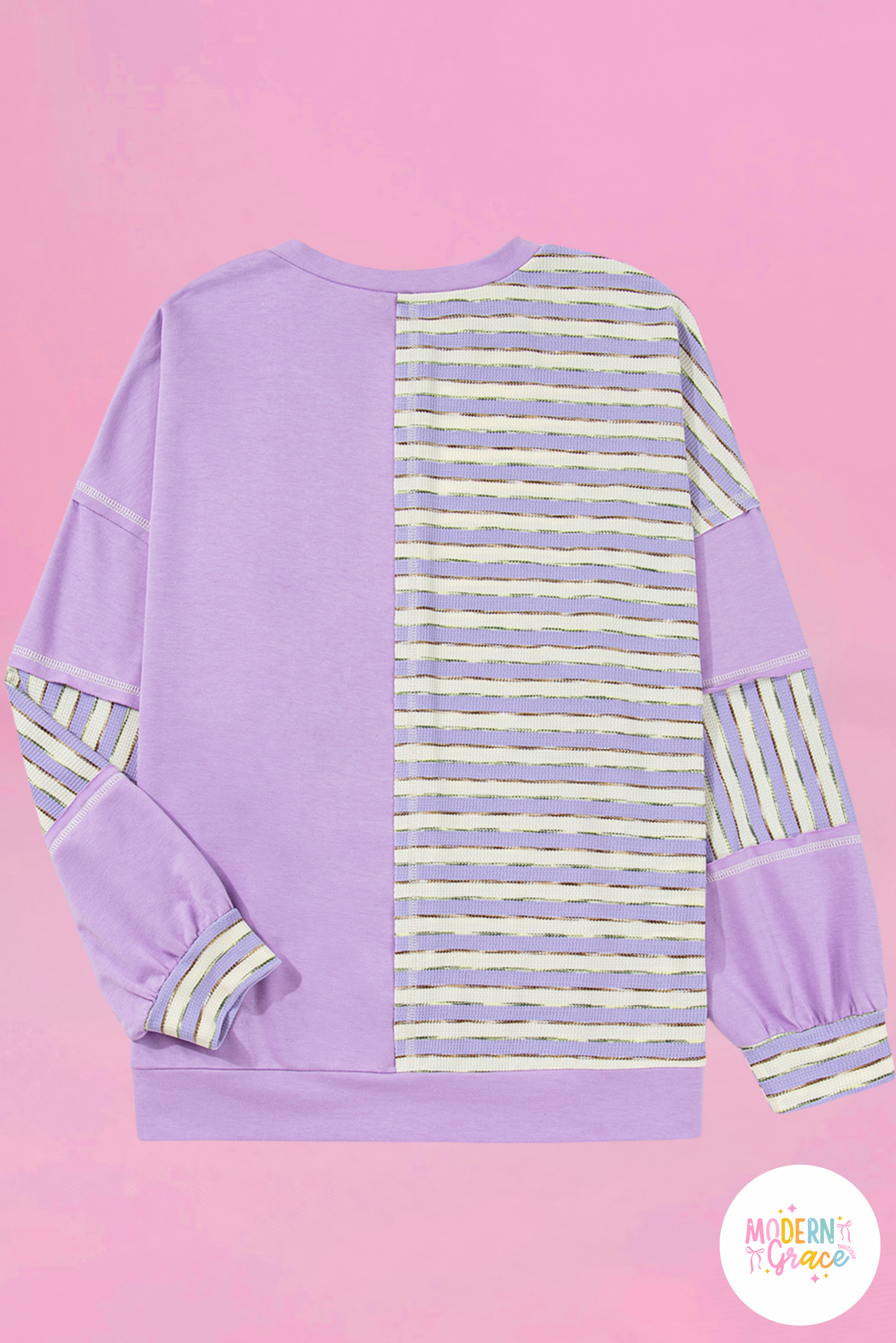 Curvy Purple Stripe Patchwork Buttoned Drop Shoulder Pullover