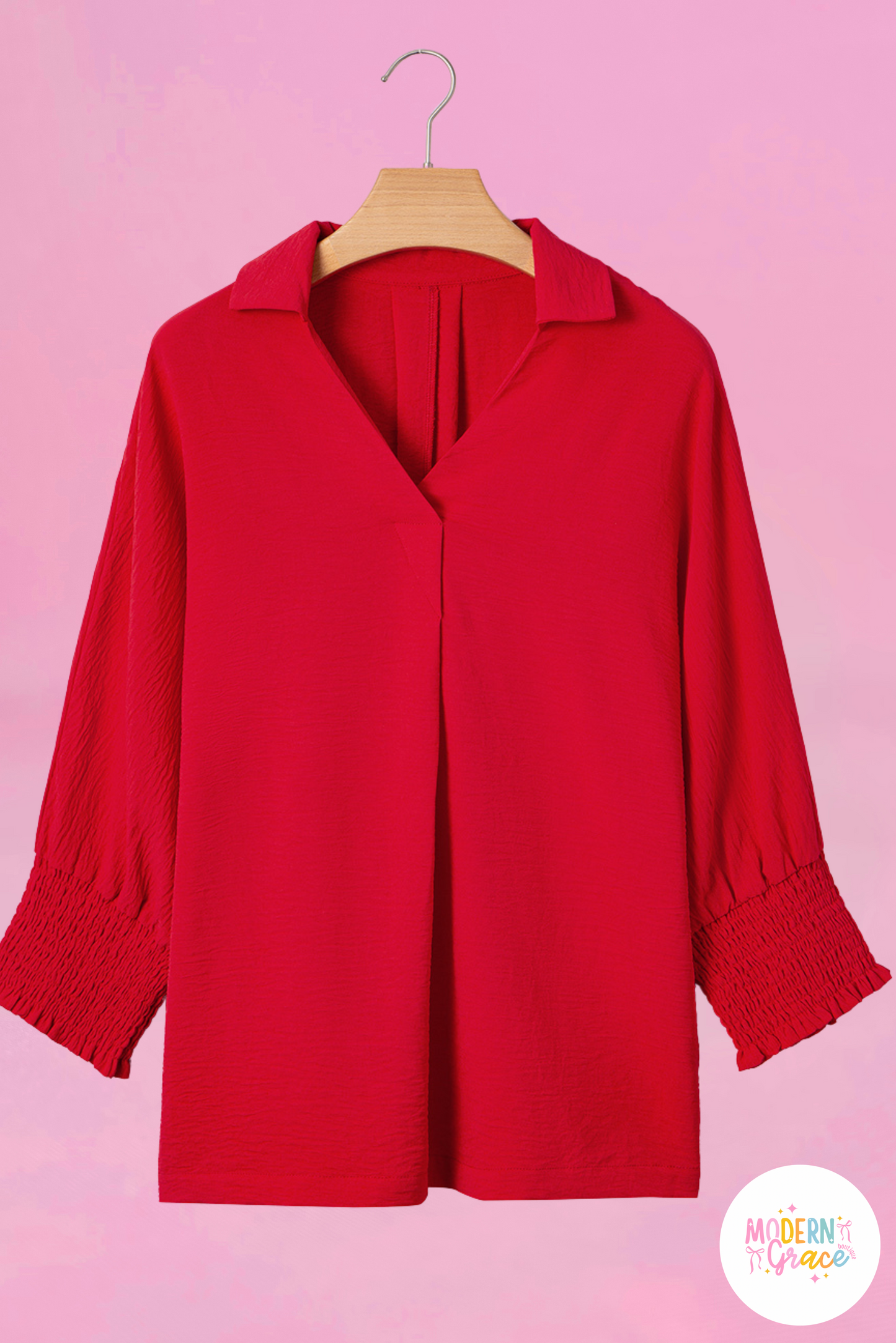 Curvy & Misses Size Red Smocked Cuff Dolman Oversized Collared Blouse