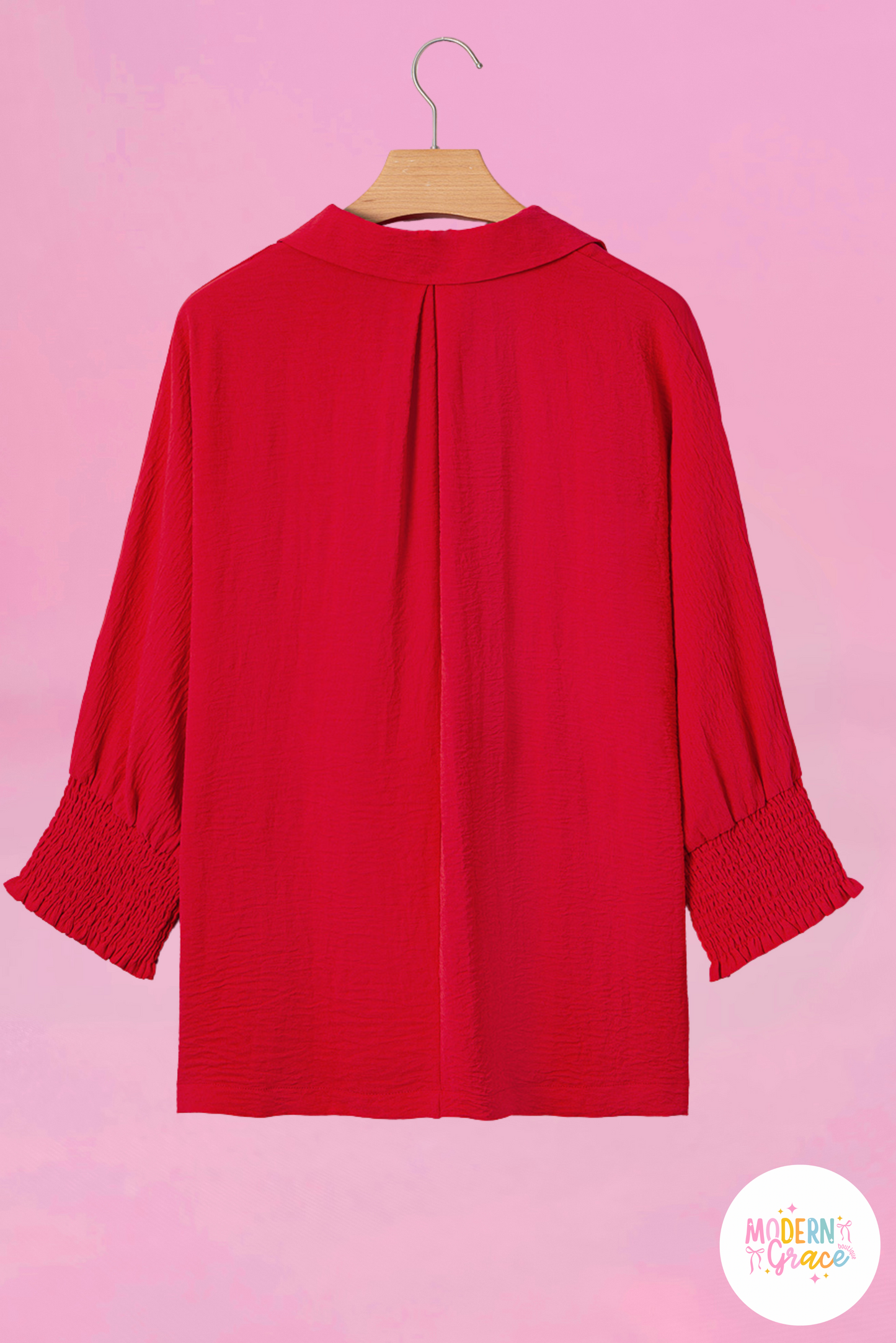 Curvy & Misses Size Red Smocked Cuff Dolman Oversized Collared Blouse