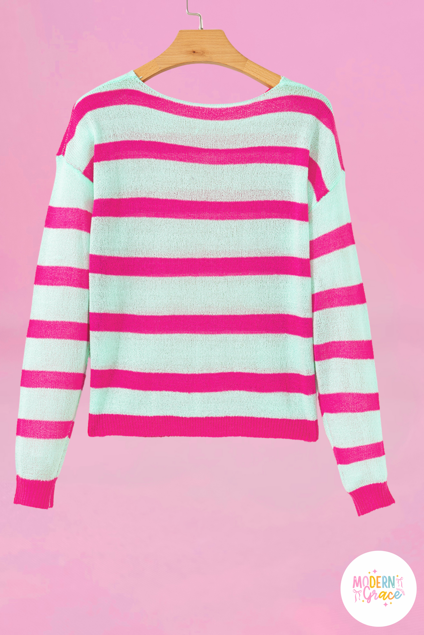 Green Stripe Round Neck Casual Sweater