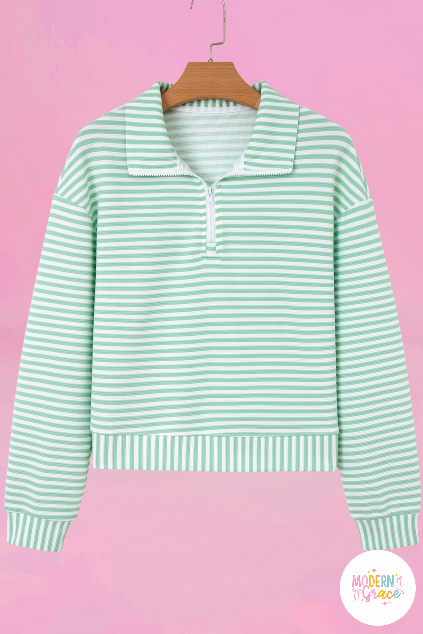 Green Stripe Quarter Zip Collar Pullover Long Sleeve Top