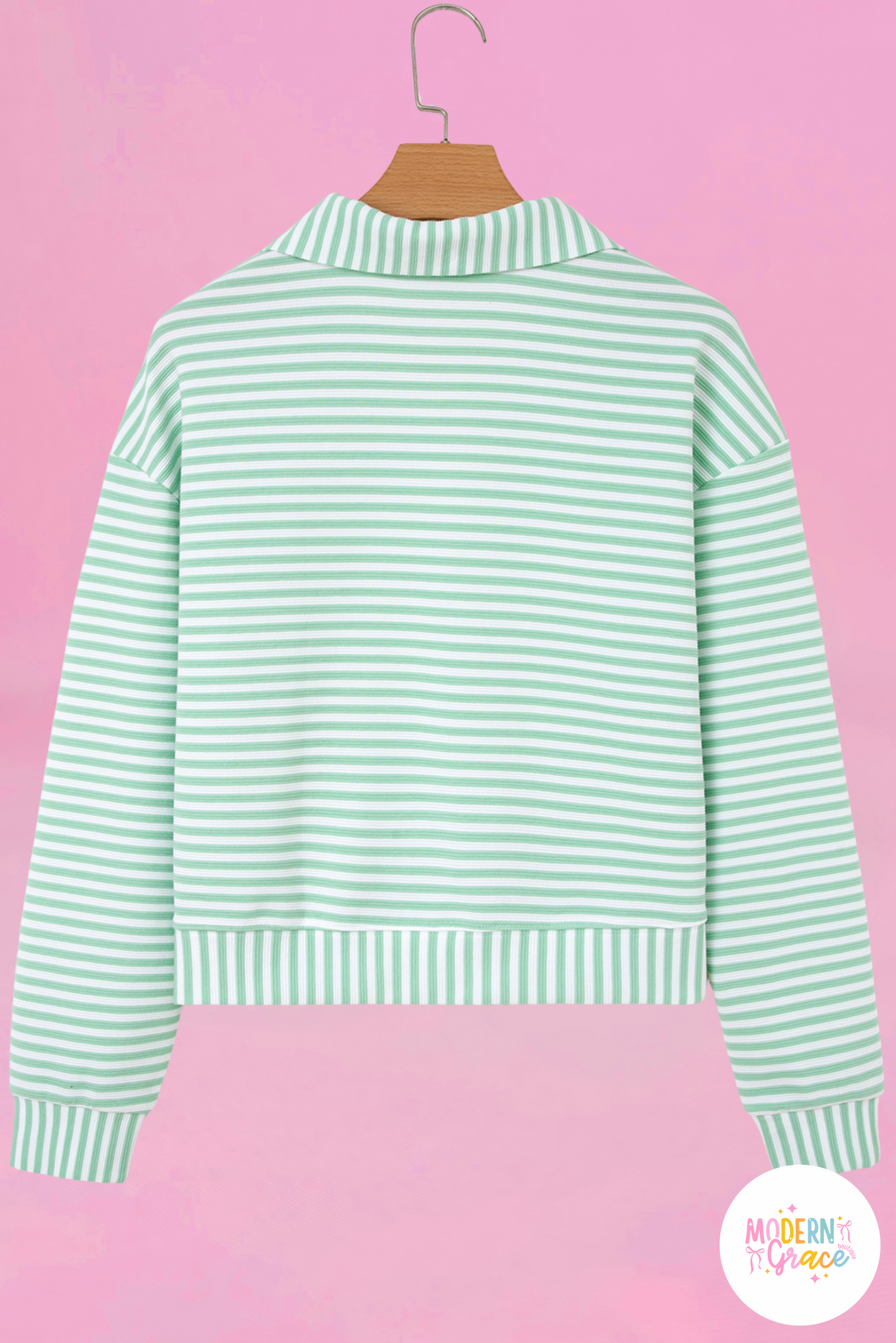 Green Stripe Quarter Zip Collar Pullover Long Sleeve Top