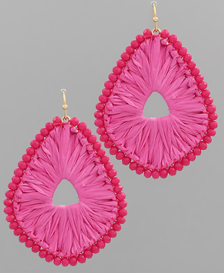 Fuchsia Wrapped Raffia Glass Bead Earrings