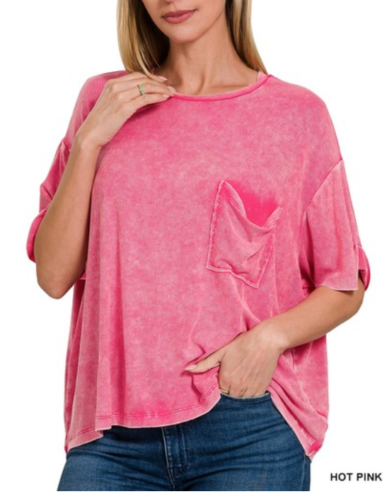 Curvy Hot Pink Ribbed Mineral Wash Top