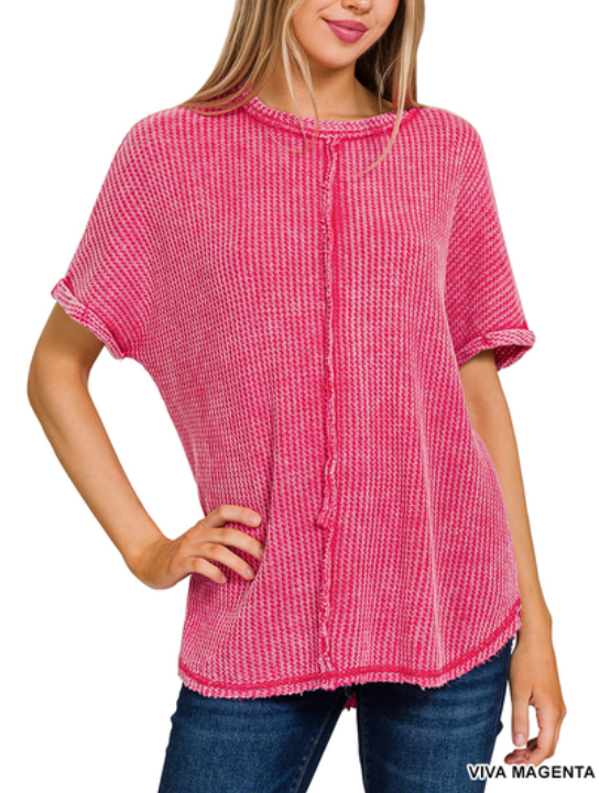 Magenta Waffle Sleeve Shirt Sleeve Top