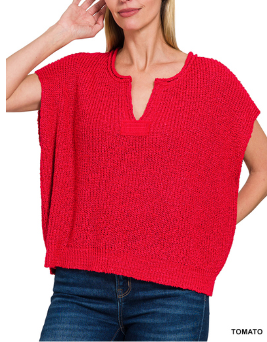 Red Rolled Split-Neck Side Slit Pullover