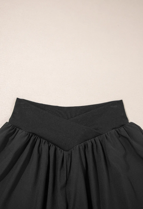 Black Crossed Waist Tiered Shorts