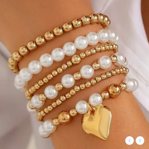 Multilayer Gold Ball Pearl Chain Bead Heart Bracelet