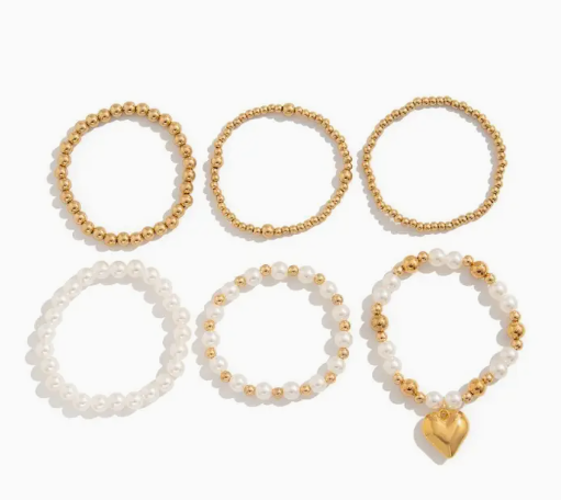 Multilayer Gold Ball Pearl Chain Bead Heart Bracelet