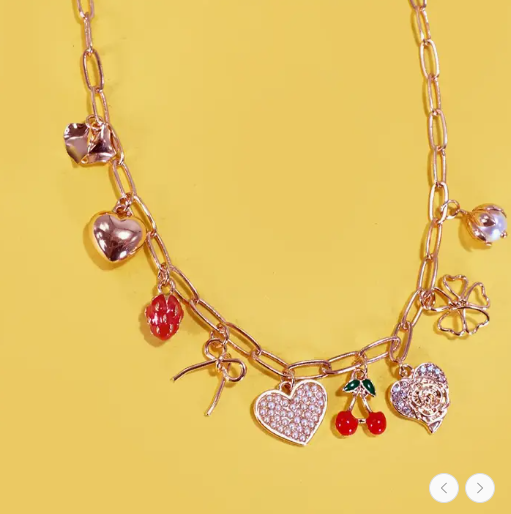 Multi Charm Bow Cherry Heart Necklace