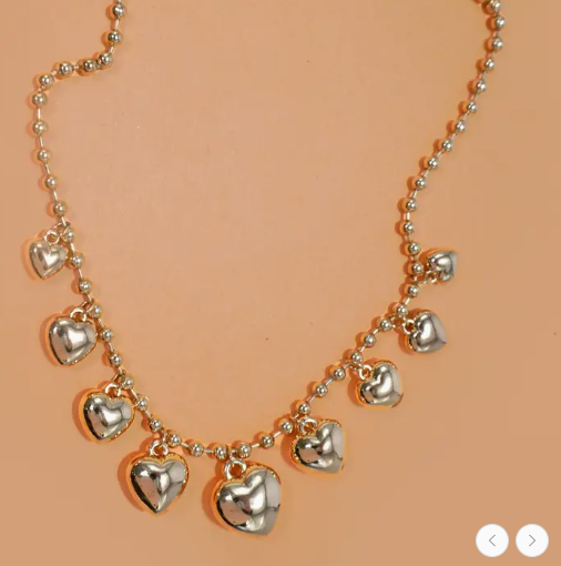 Station Puffy Heart Charms Ball Chain Necklace