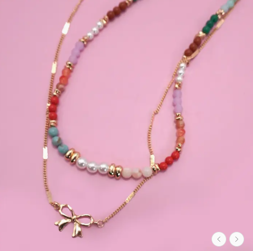 Multi Beaded Bow Charm Double Layer Necklace