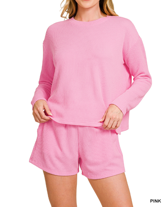 Pink Raised Rib Long Sleeve Tee & Shorts Set
