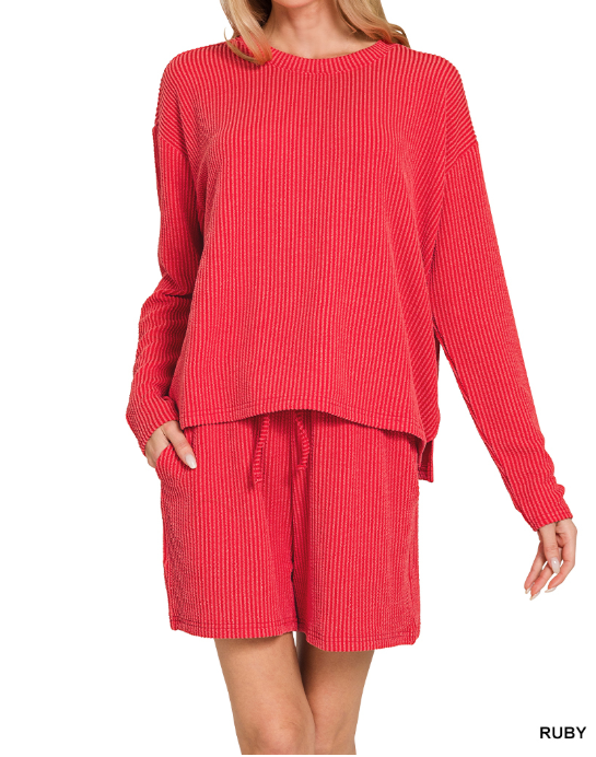Red Raised Rib Long Sleeve Tee & Shorts Set