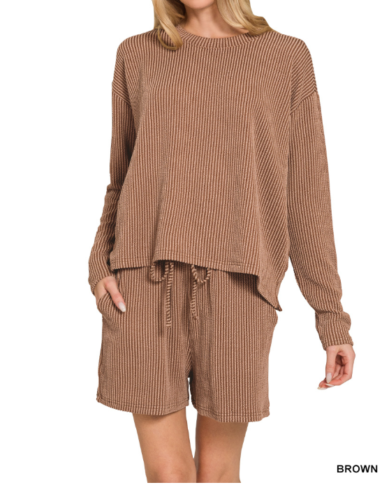 Brown Raised Rib Long Sleeve Tee & Shorts Set